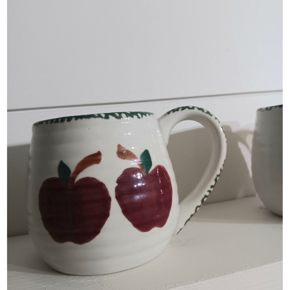 3 Stoneware 13 Oz Mugs With An Apple Design, Vintage, Set Of 3.